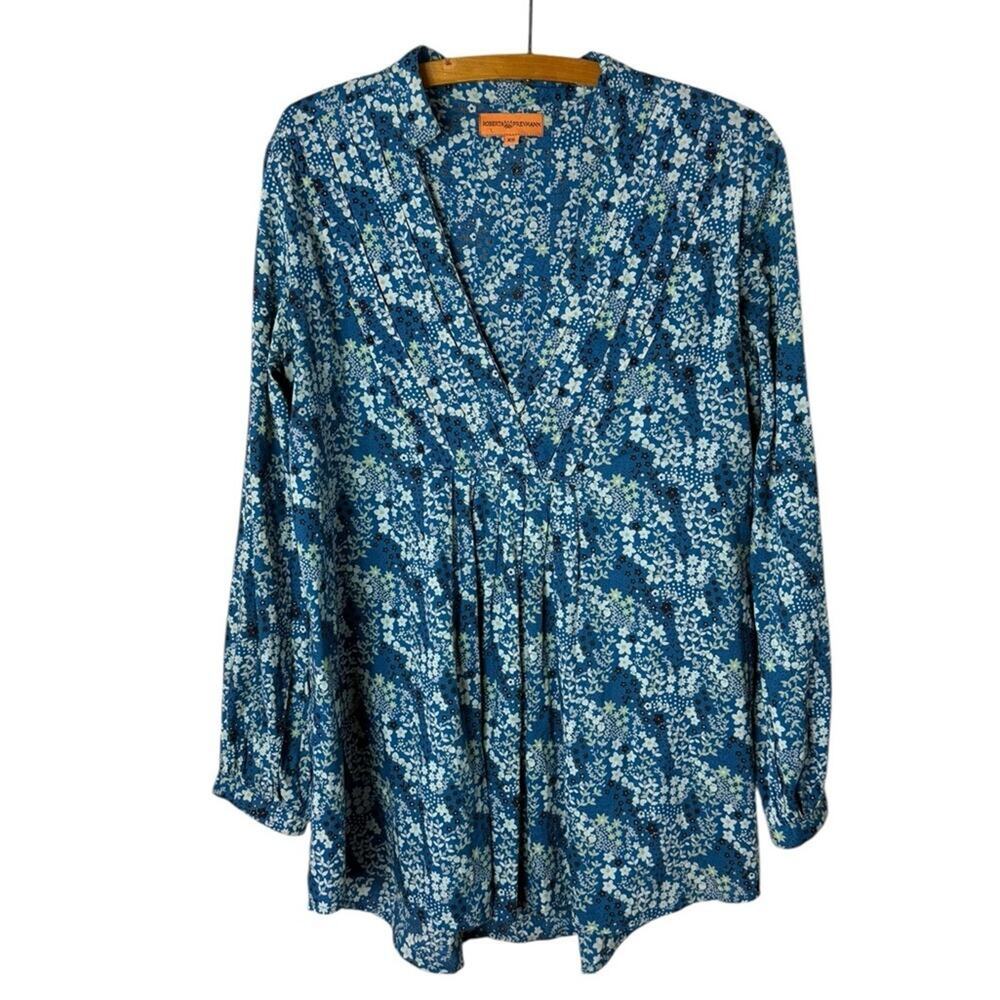 Roberta Freymann Women’s Sz XS Floral Tunic Top Long Sleeve Blue Cotton